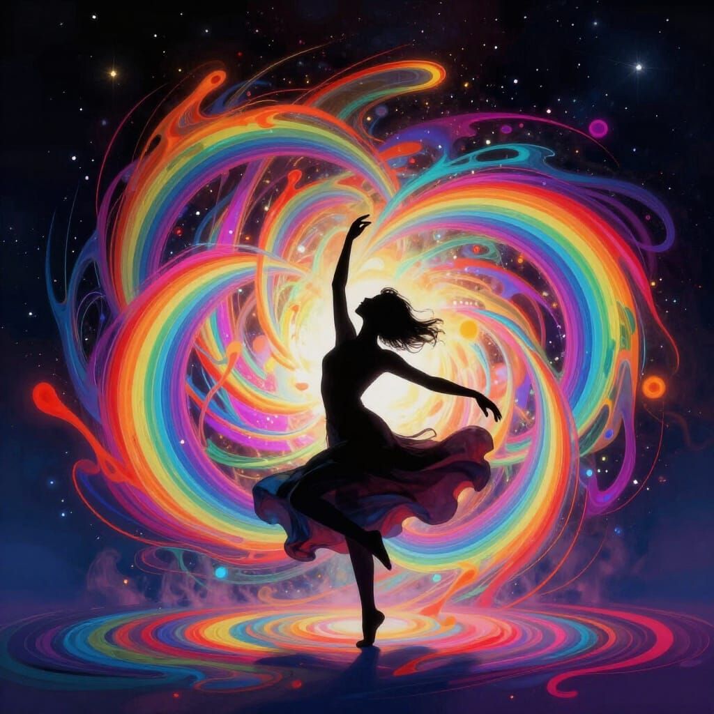 Cosmic Dancer Silhouette in Psychedelic Rainbow Swirls