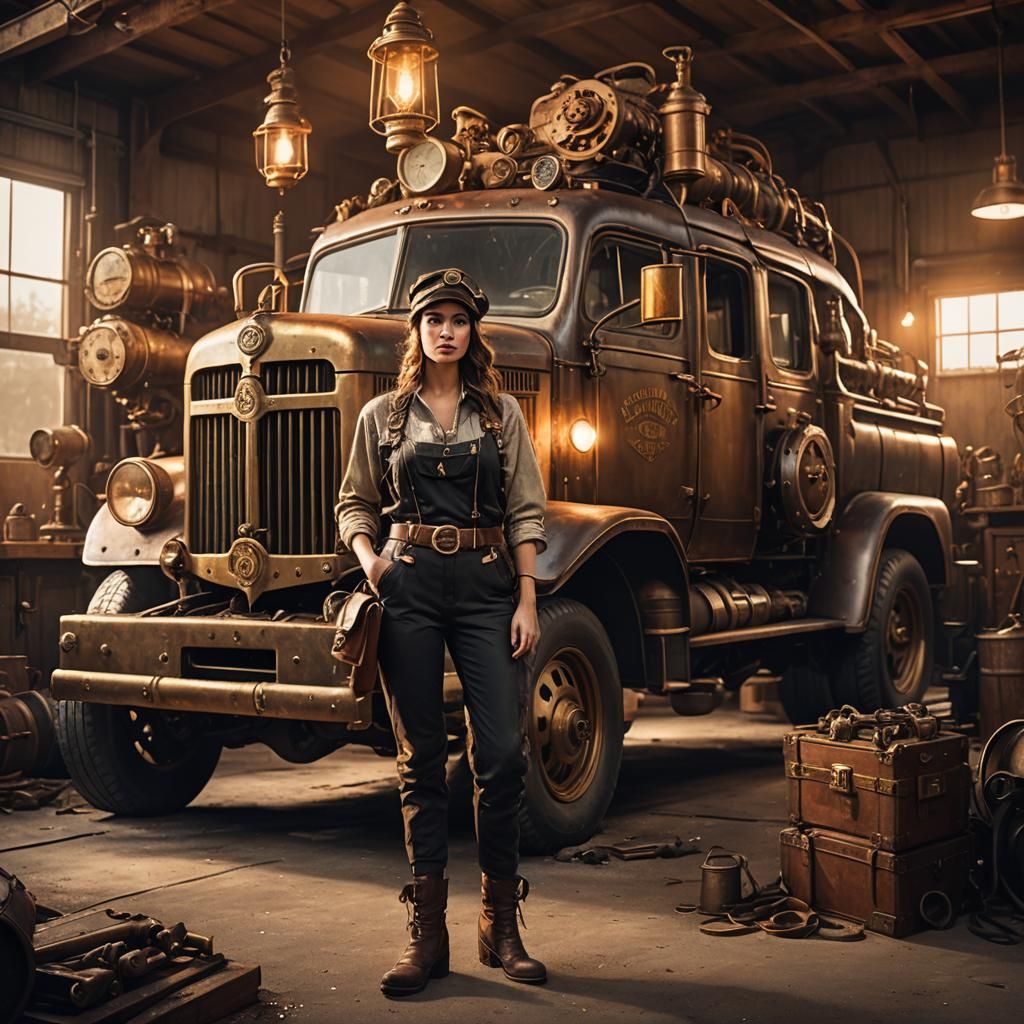 Girl with Steampunk Truck in Vintage Garage