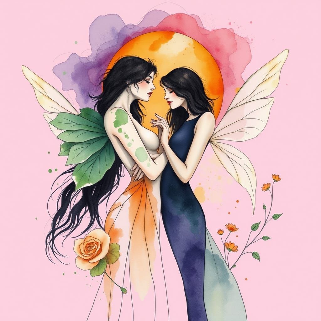 Ethereal Nymphs in Watercolor Painting with Dreamlike Textur...