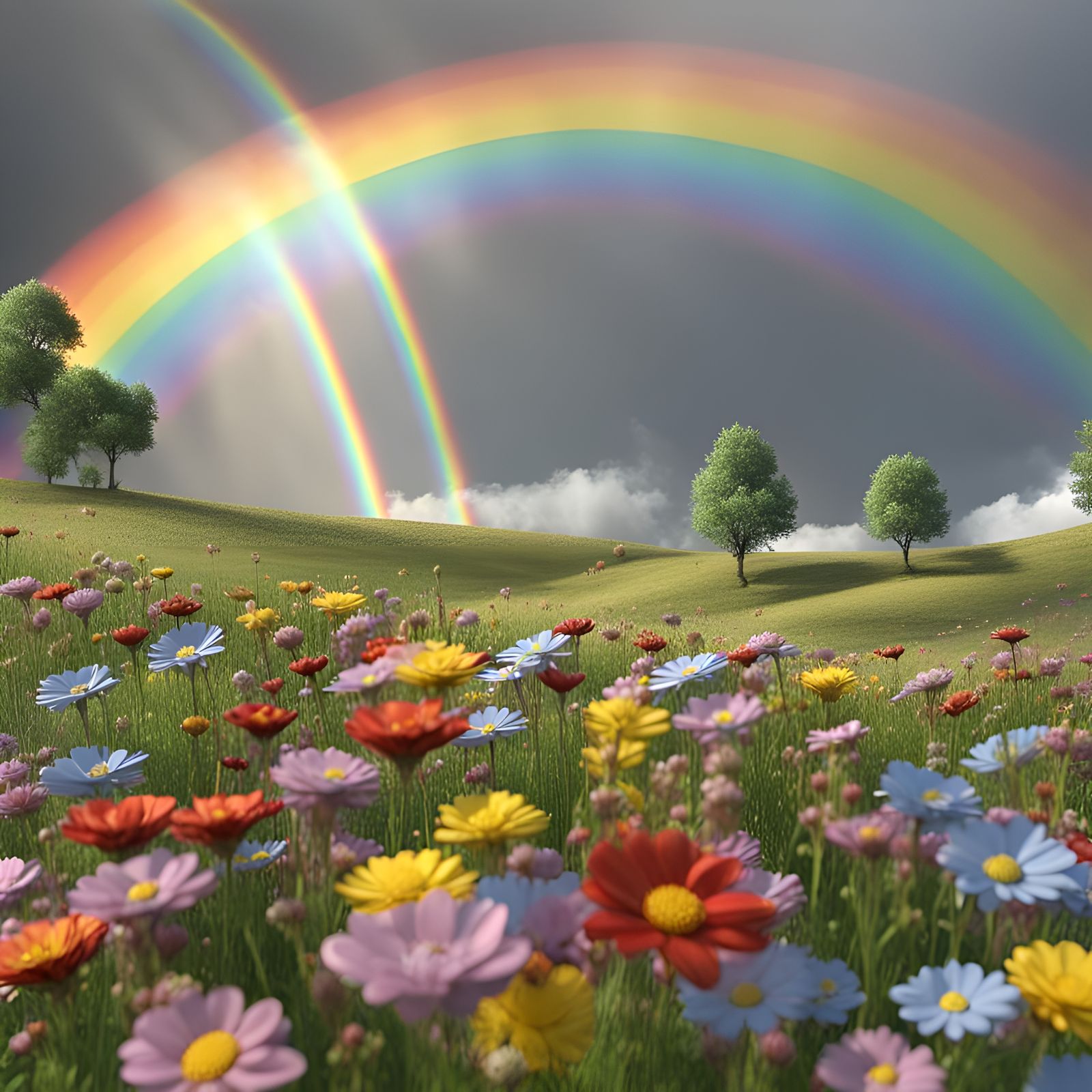 Rainbow Over Flower Field in 3D Style