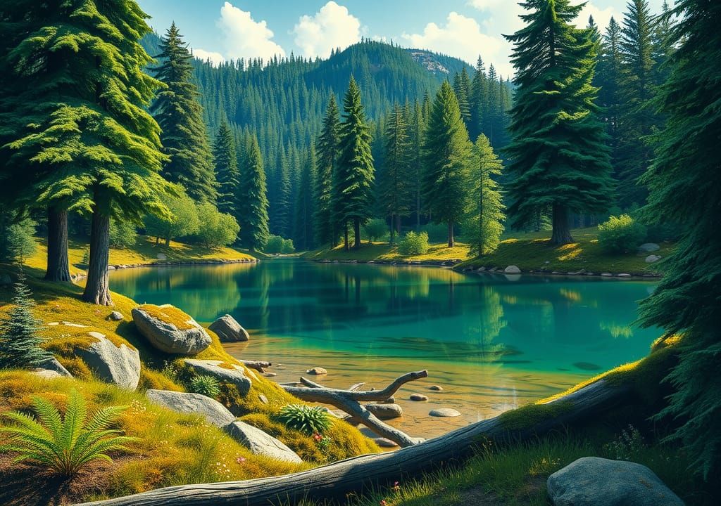 Enchanted Mountain Lake Reflection in Naive Art Style