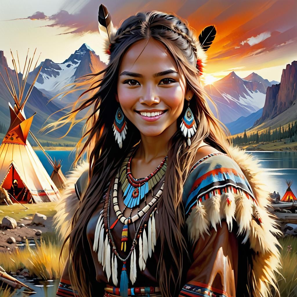 First Nations Woman at Campfire Sunset