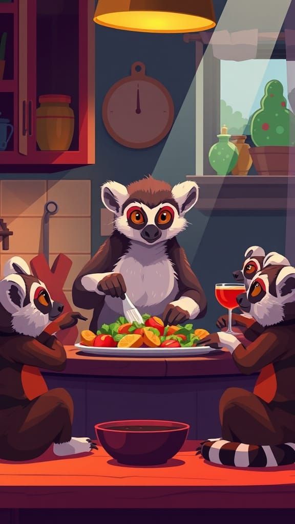 Mother Lemur Cooks Vibrant Meal for Energetic Lemur Kids in ...