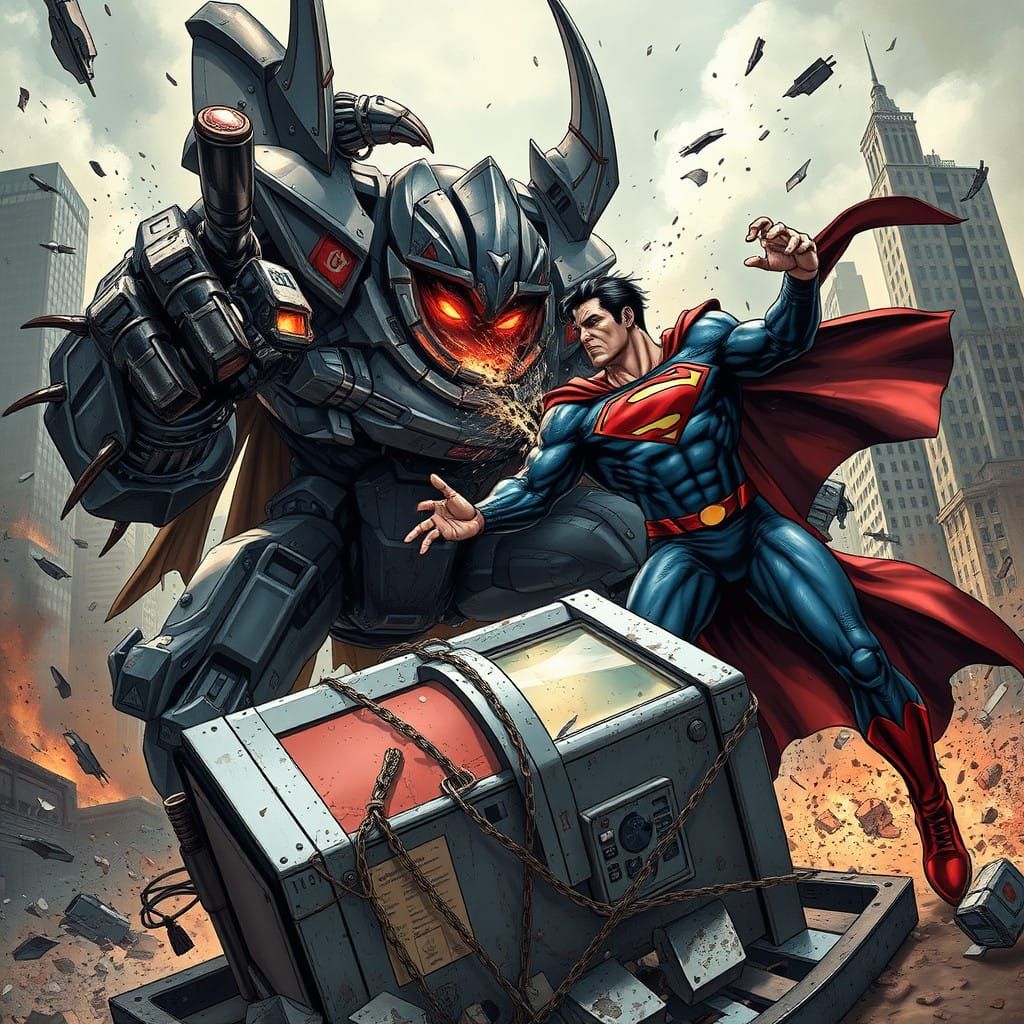 Cyberpunk Metal Mecha Battles Superman in Destructive Mayhem