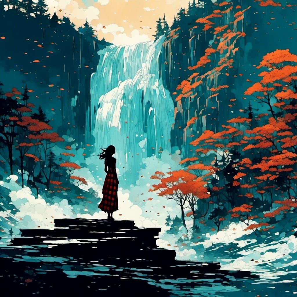 Storybook Illustration of Woman at Waterfall