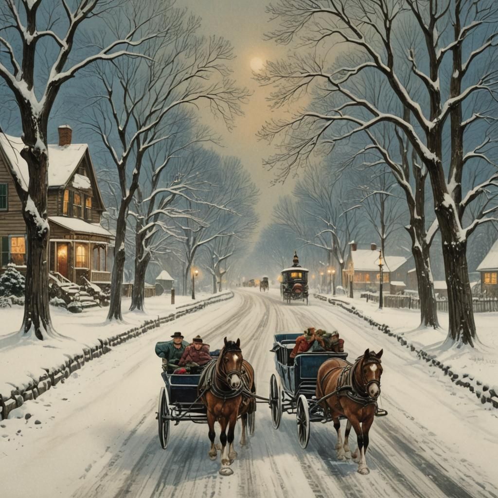 Nostalgic Winter Scene in Hand-Colored Lithograph Style