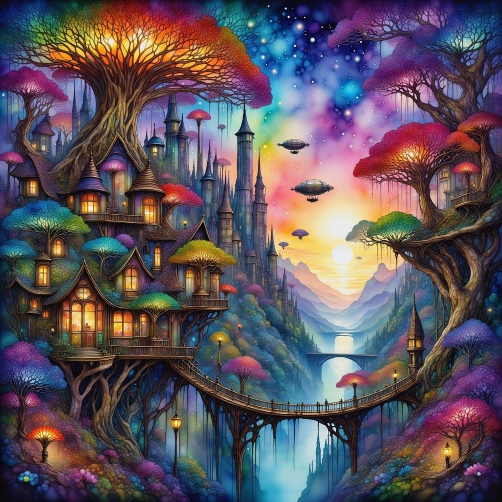 Whimsical City Among Crystal Trees in Digital Matte Painting...