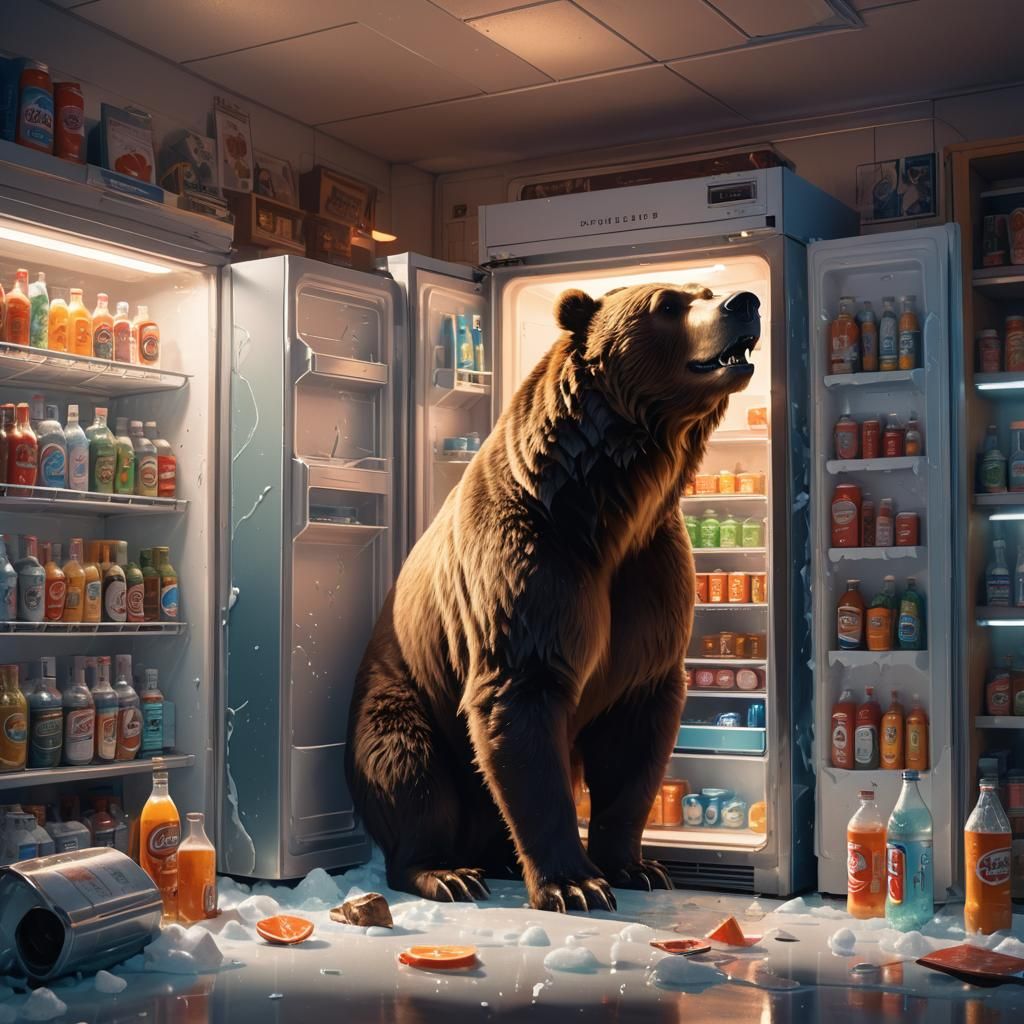 Grizzly Bear in Refrigerator: Syd Mead Style Matte Painting
