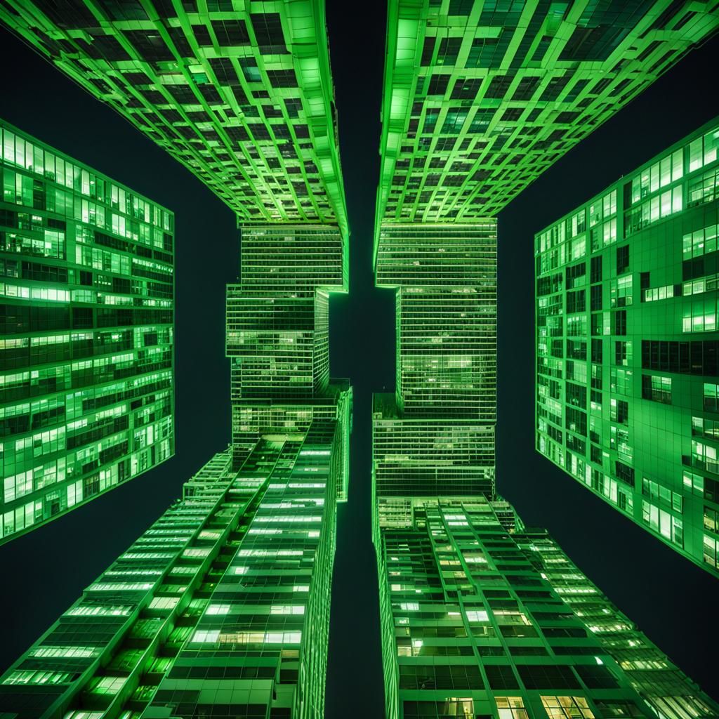 Green Skyscrapers at Night: A Futuristic Cityscape