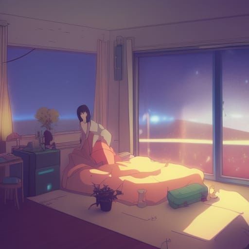 Magical Nighttime Bedroom in Anime Style