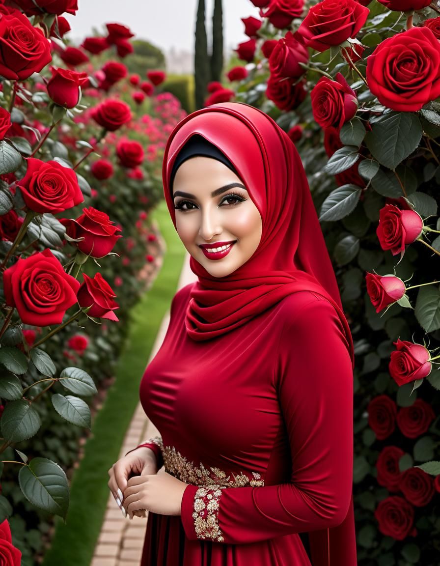 Beautiful Middle Eastern Woman in Rose Garden Portrait