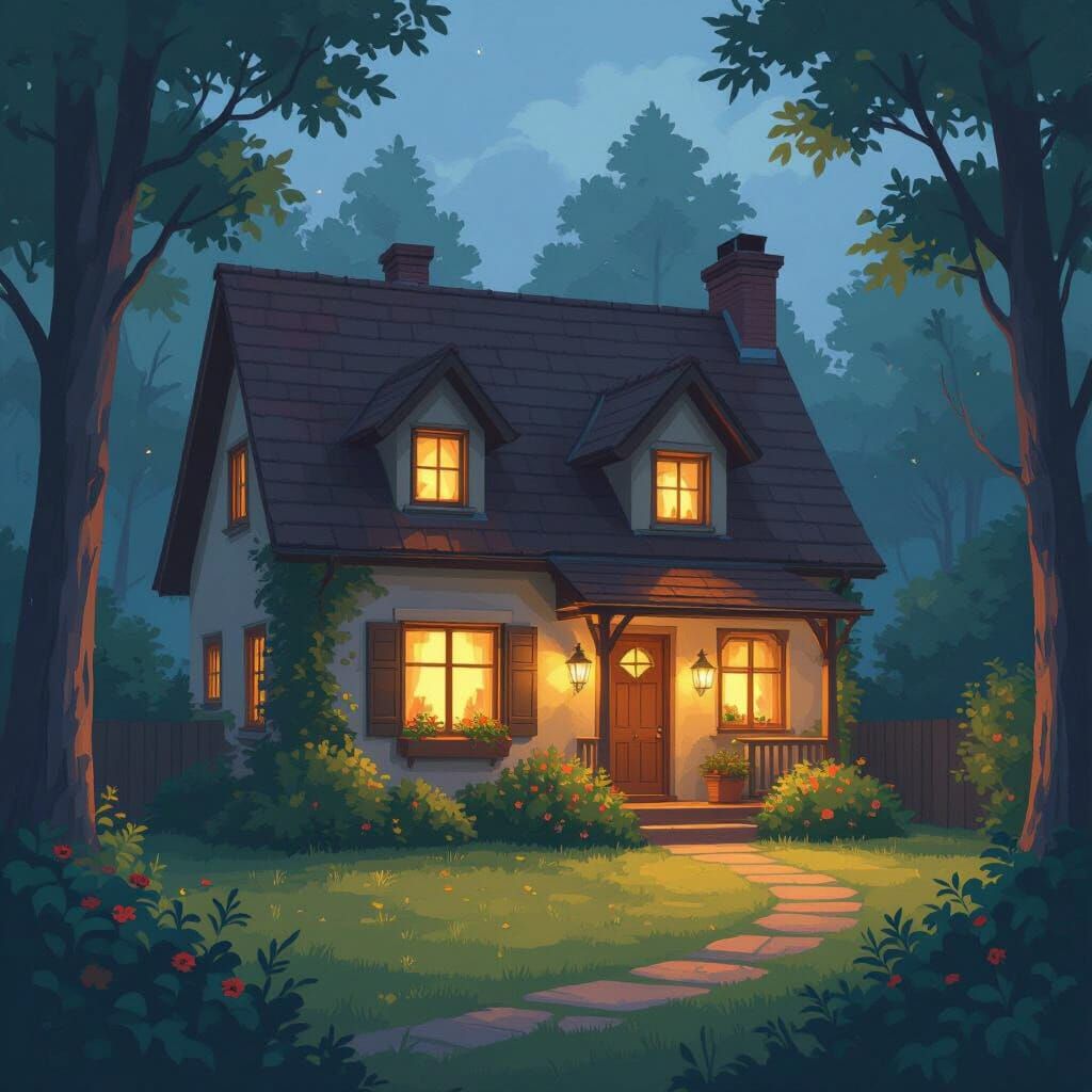 Cozy Home in Lush Greenery, Impressionist Style