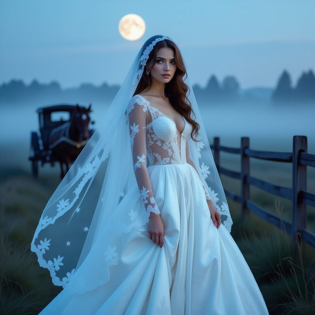 Bride in Moonlit Field with Celestial Blue Veil