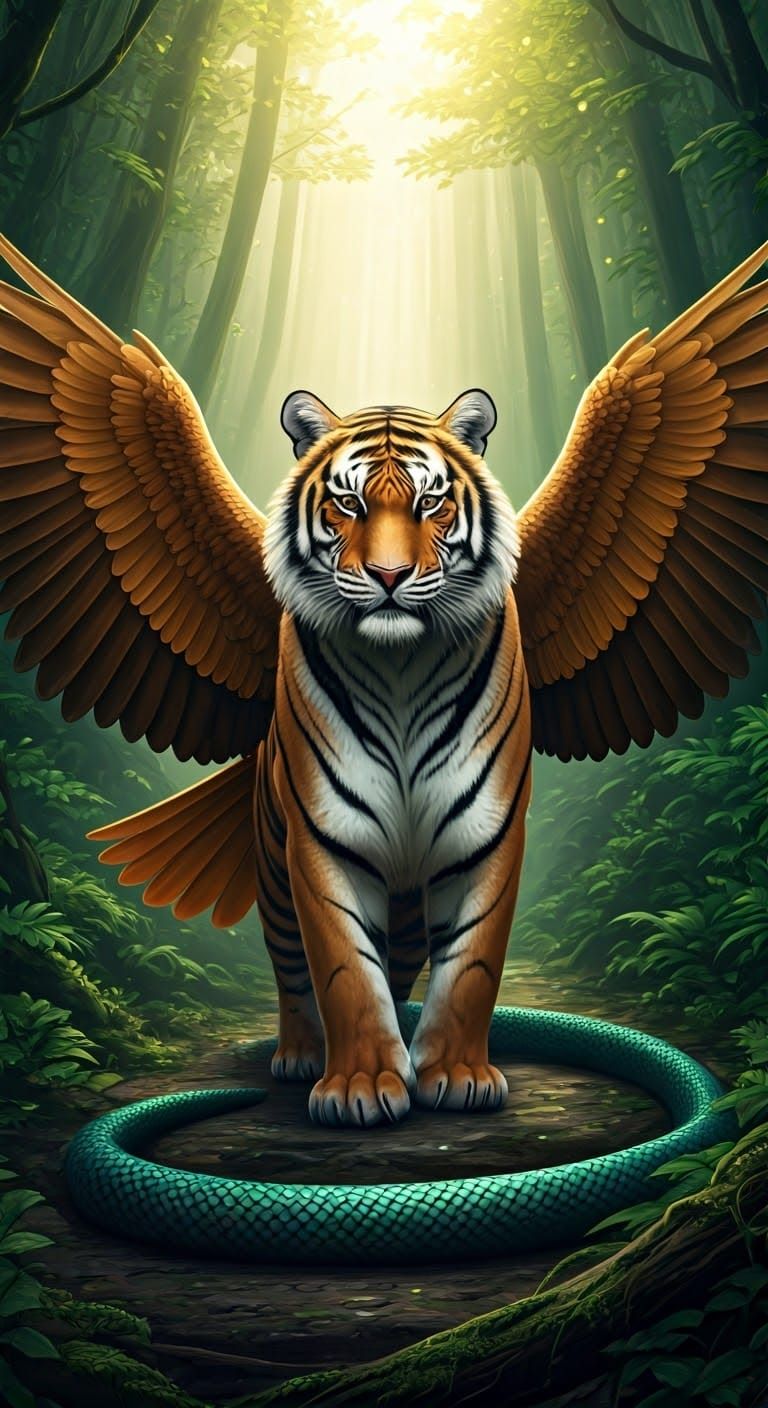 Regal Tiger-Eagle Hybrid Reigns in Enchanted Forest