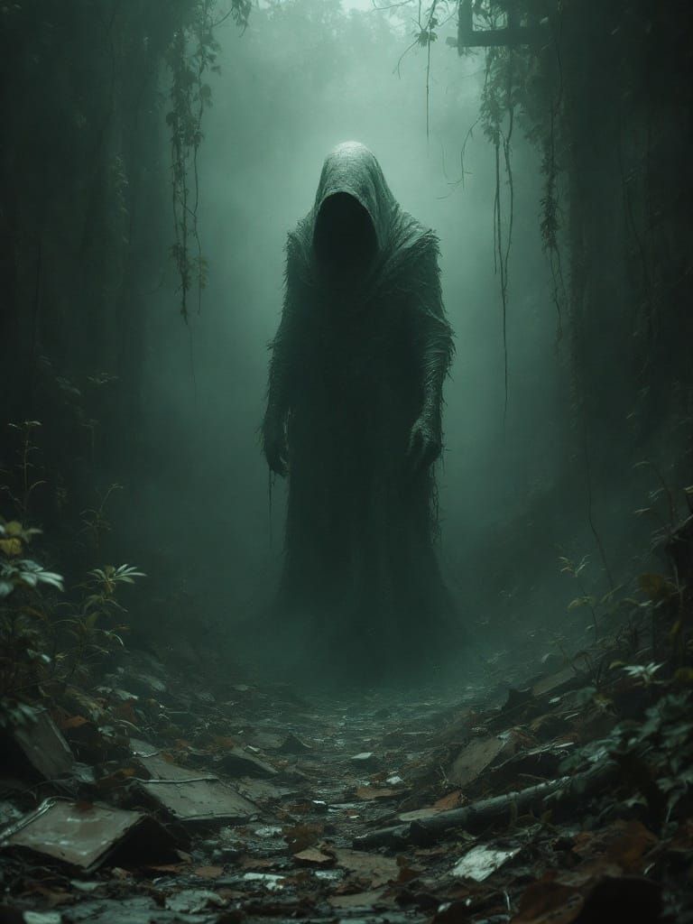 Eerie Abandoned Figure in Overgrown Landscape