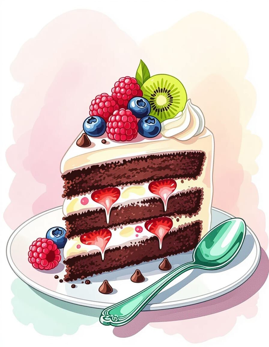 Whimsical Watercolor Cake Slice with Berries and Emerald Spo...