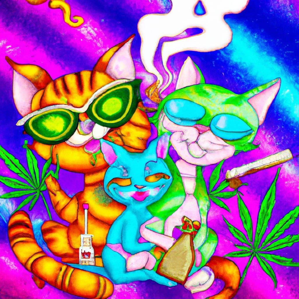 Psychedelic Cartoon Cats Smoking Weed in Vaporwave Style