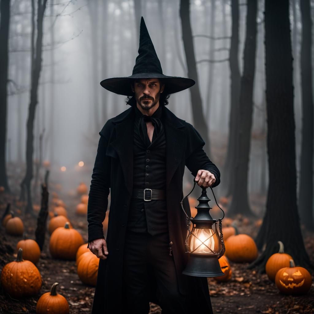 Foggy Forest Sorcerer with Lamp and Pumpkins