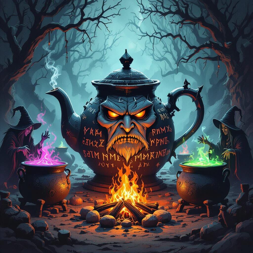 Judgmental Teapot Overlooks Witches' Coven in Dark Fantasy
