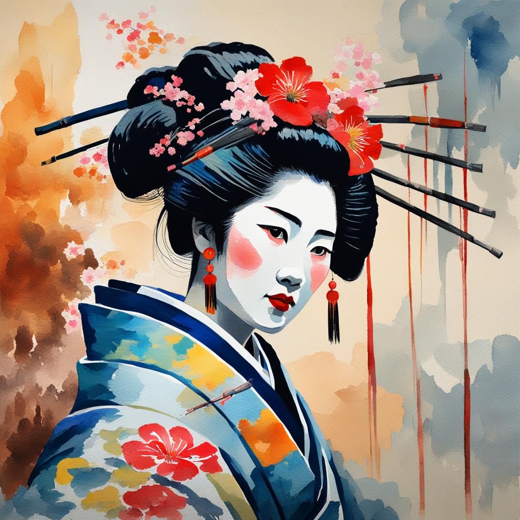 Magnificent Geisha in Gouache Watercolor Style