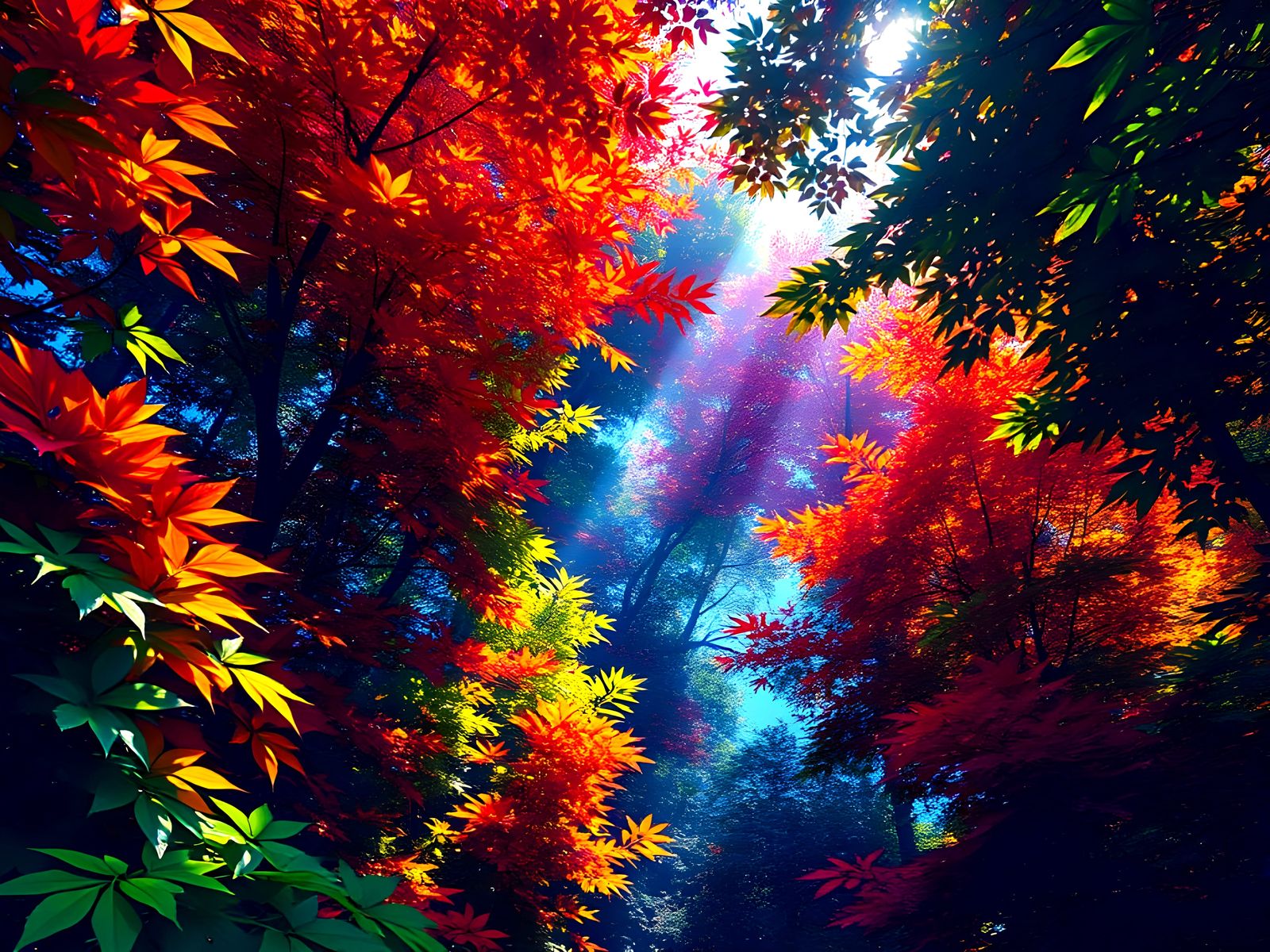 Vibrant Rainbow Forest with Dappled Sunlight