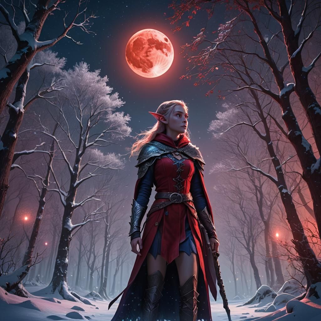 Elf in Snowy Forest Under Red Moon