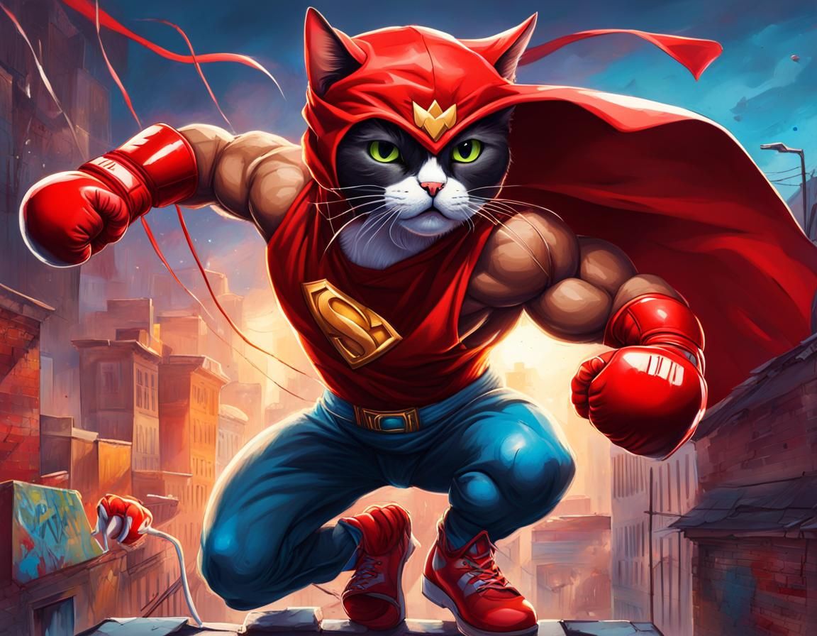 Superhero Boxer Saves Kitten: Graffiti Splash Art