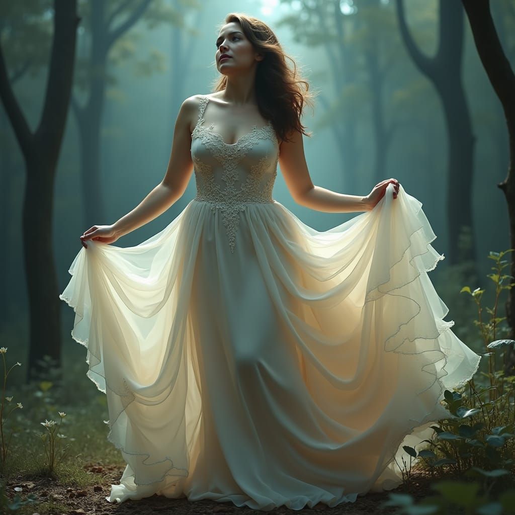 Voluminous Woman in Flowing Dress: Hyper-Realistic Art