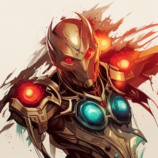 Luminous Ultron Digital Painting with Golden Outlines