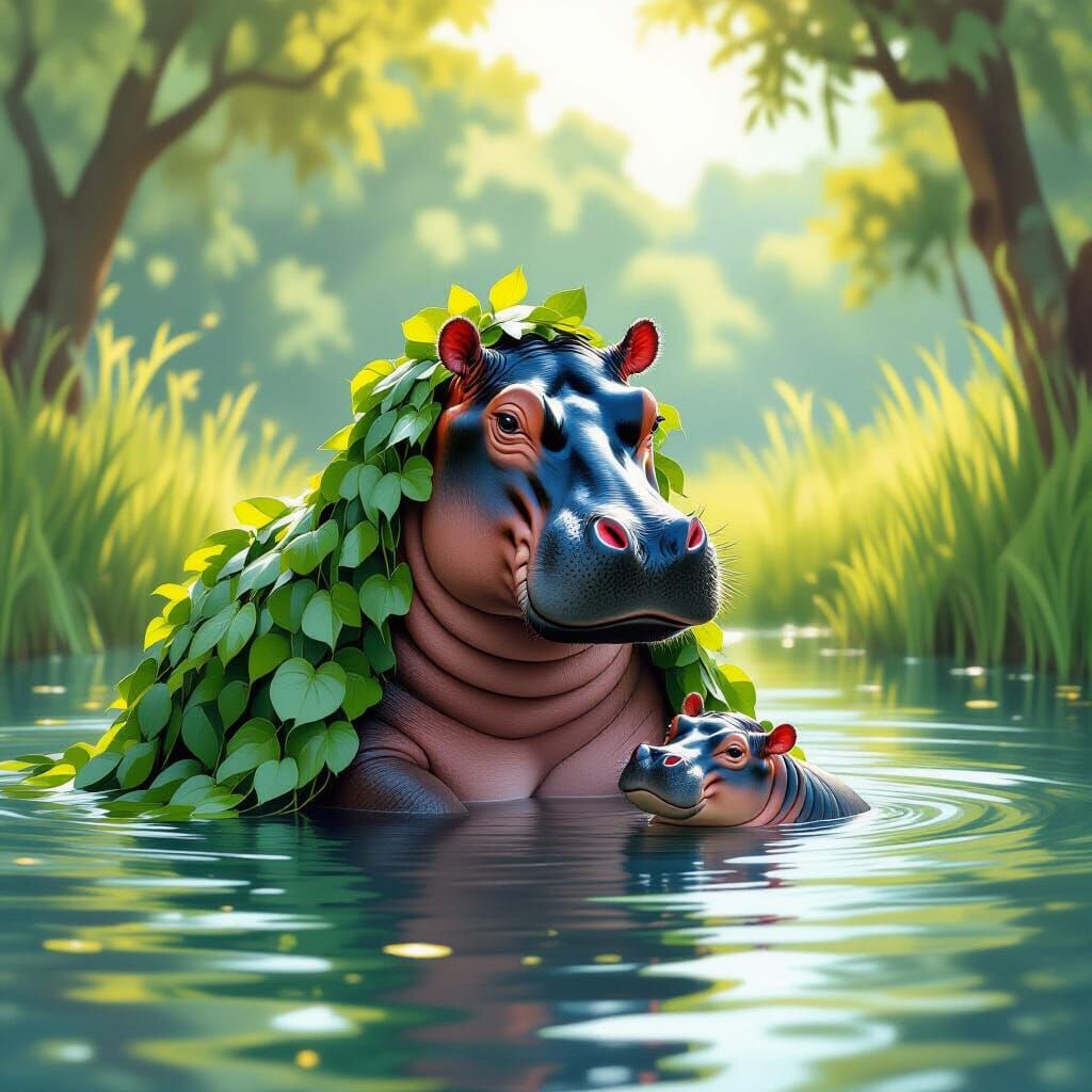 Hippo Mother and Baby in Sunny Savannah Lake