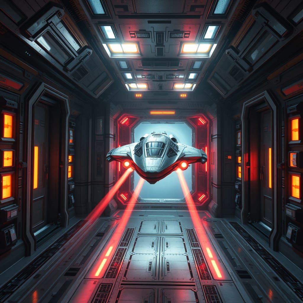 Spaceship Escape Through Space Station Doors