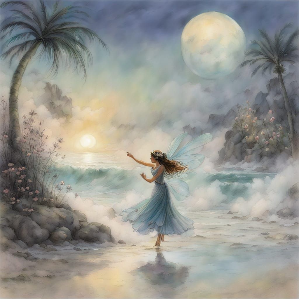 Ethereal Fairy Dancing on Moonlit Beach in Rackham Style