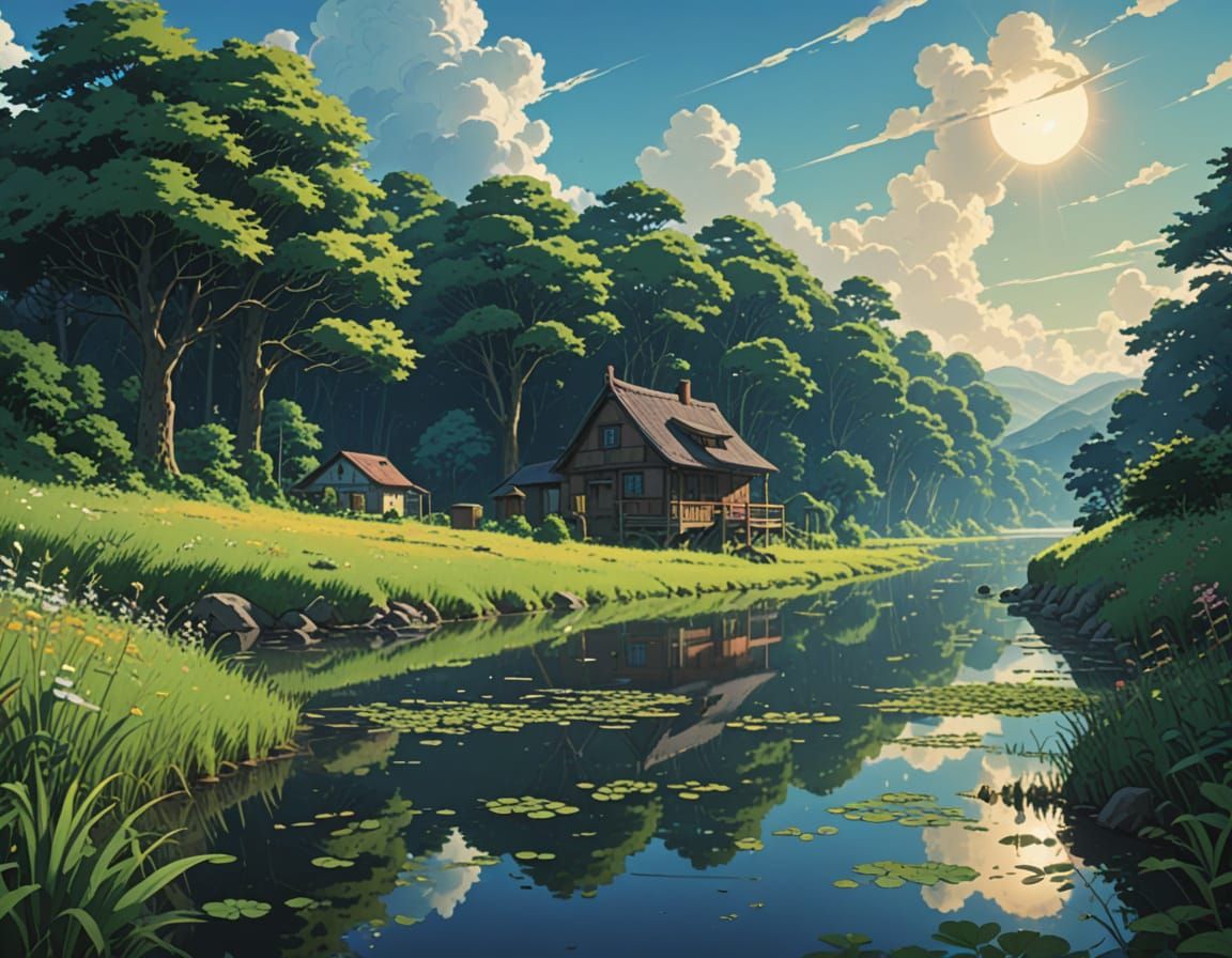 Eine atemberaubene Landschaft mit einem großen See. Wilde Tiere stillen ihren Durst am See. Im Hintergrund ist ein Wald ...