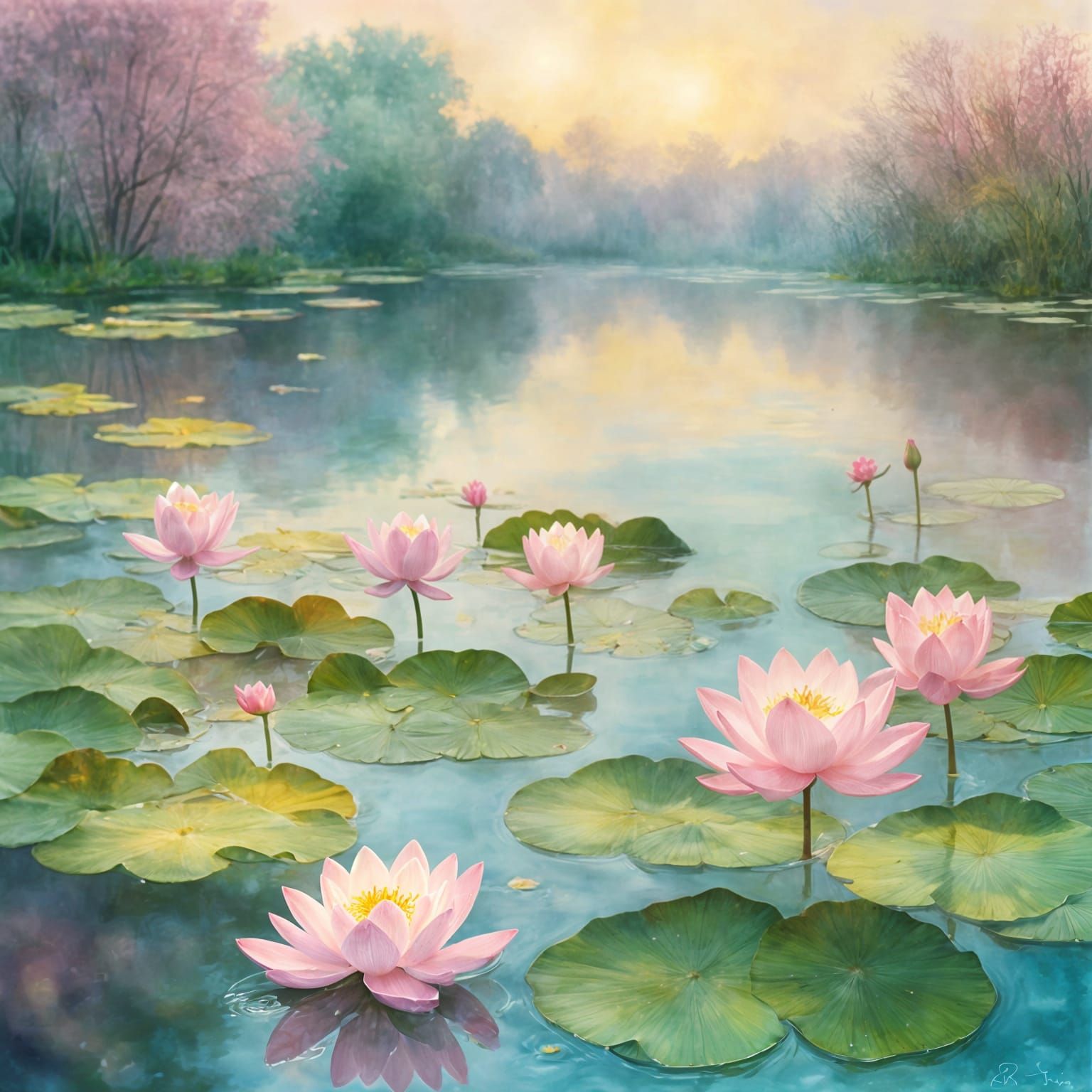 Surreal Water Garden Blooms with Soft Impressionist Lotus Fl...