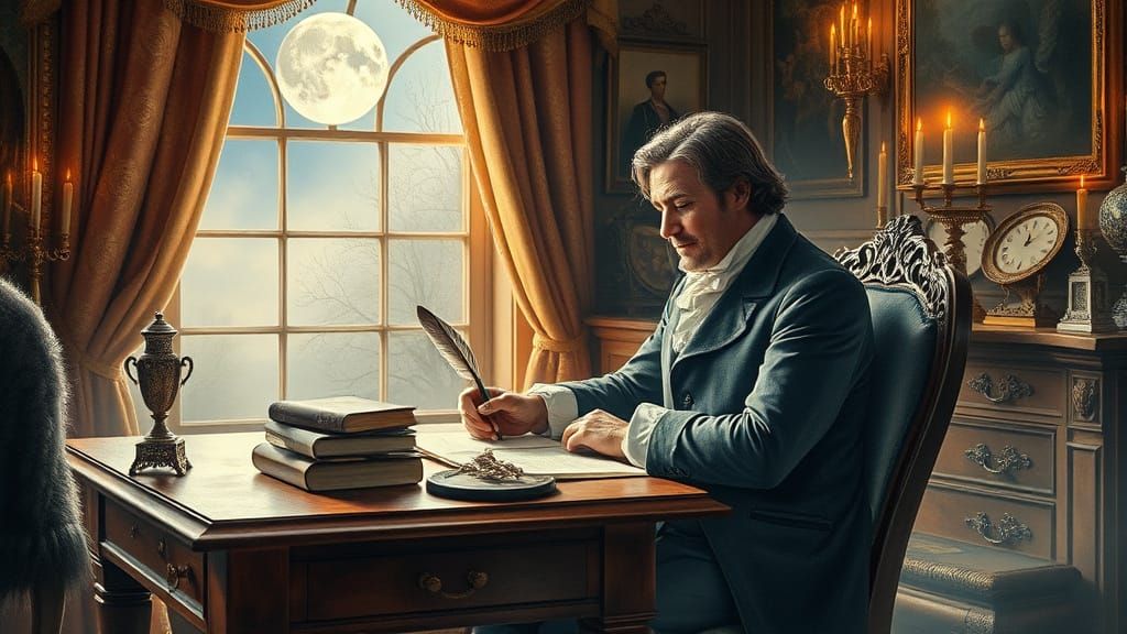 Romantic Poet Writes by Moonlight, Watercolor Fractal Art