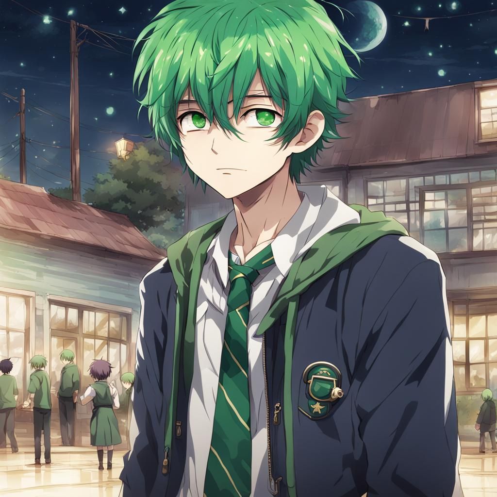 Anime School Boy with Green Hair