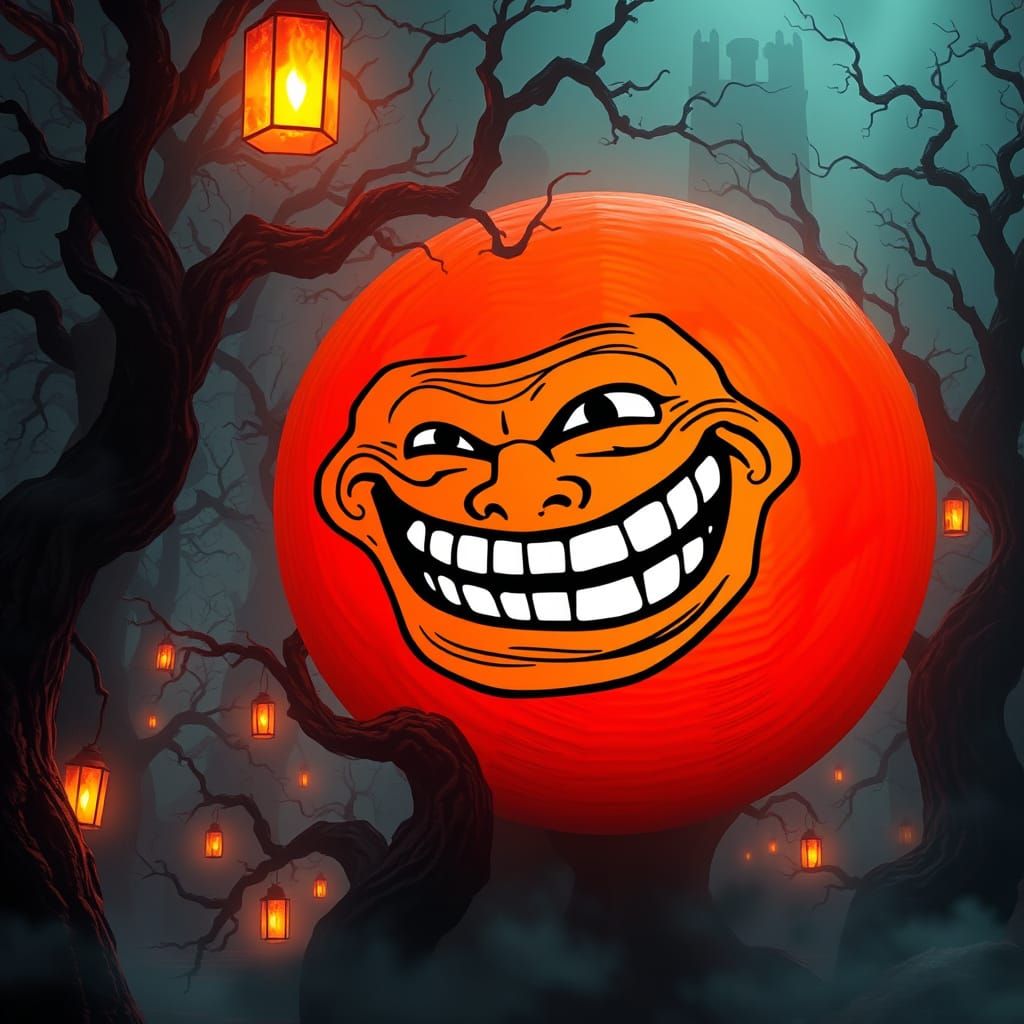 Trollface Embodied in Dark Fantasy Landscape