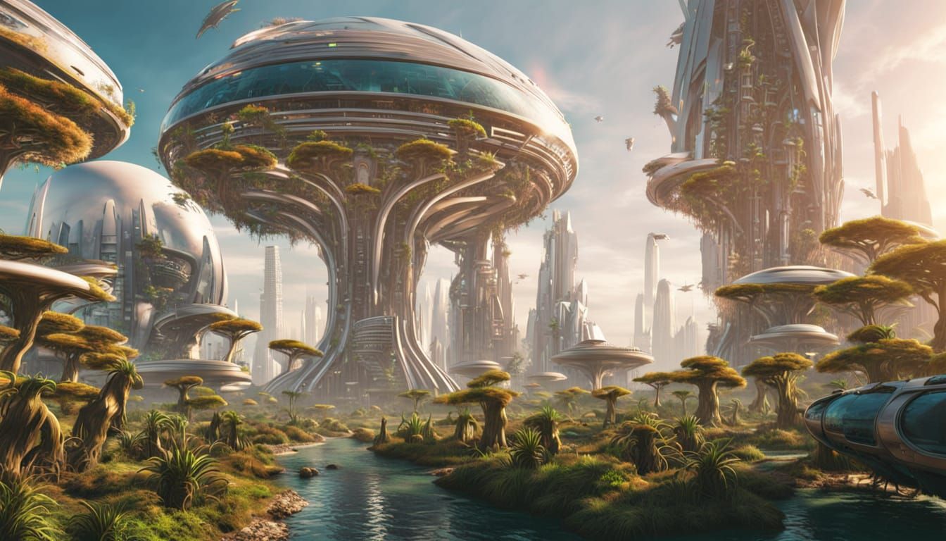 Surreal Futuristic Cityscape in a Dazzling Alien Landscape