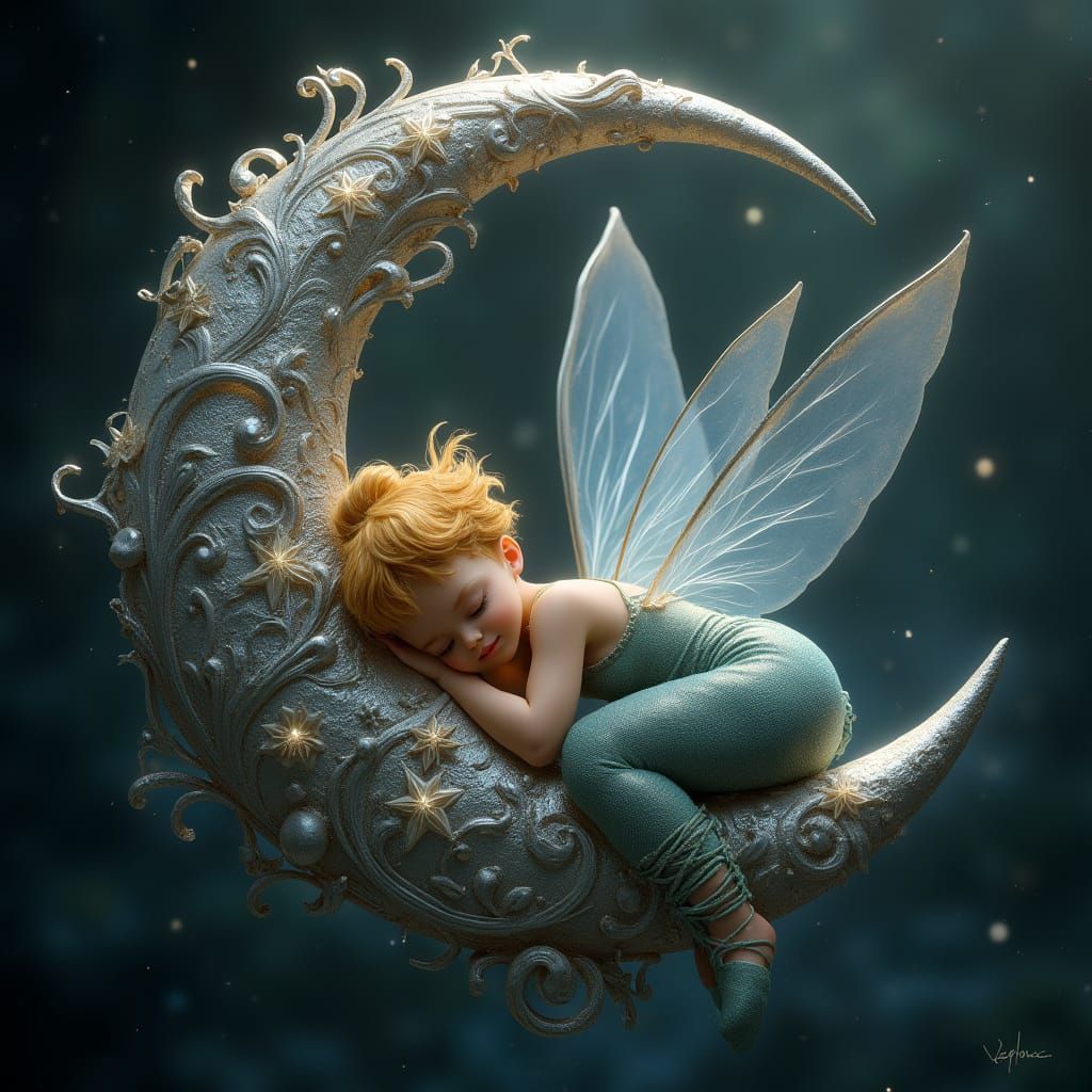 Tinkerbell Sleeps on Silver Crescent Moon: Digital Painting