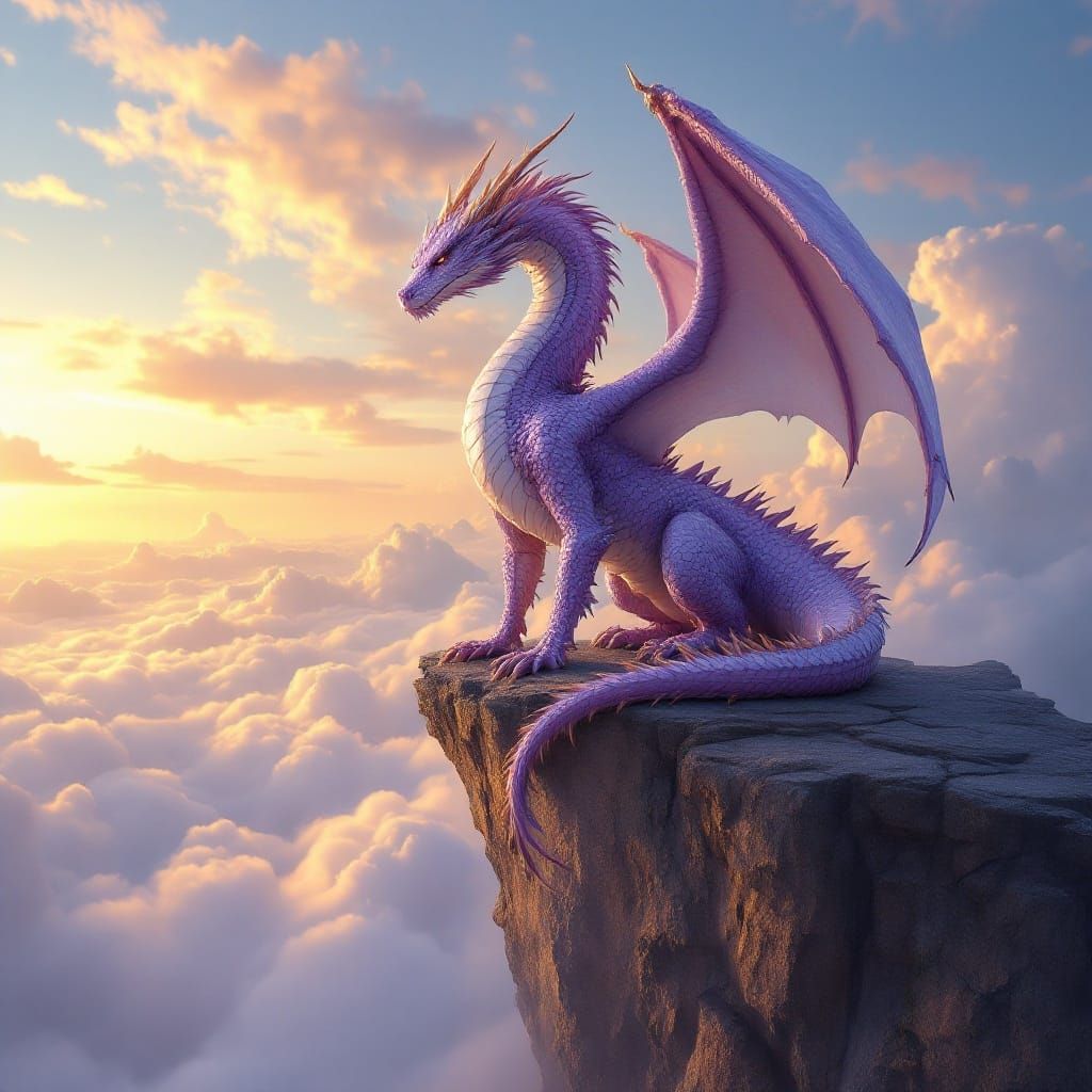 Lilac Dragon Perches on Cloudy Cliff