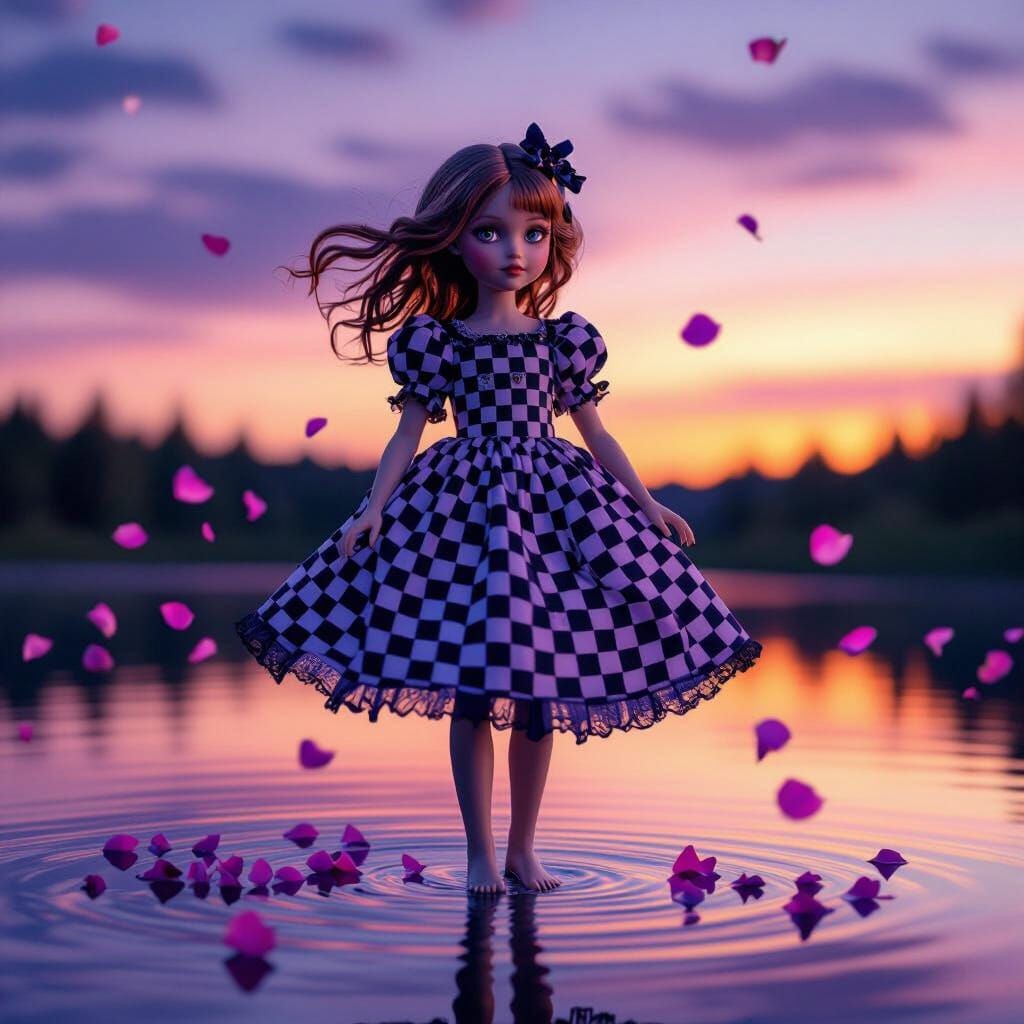 Surreal Doll on Crystal Lake at Twilight