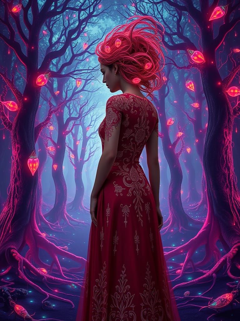 Woman in Embroidered Dress in Bioluminescent Forest