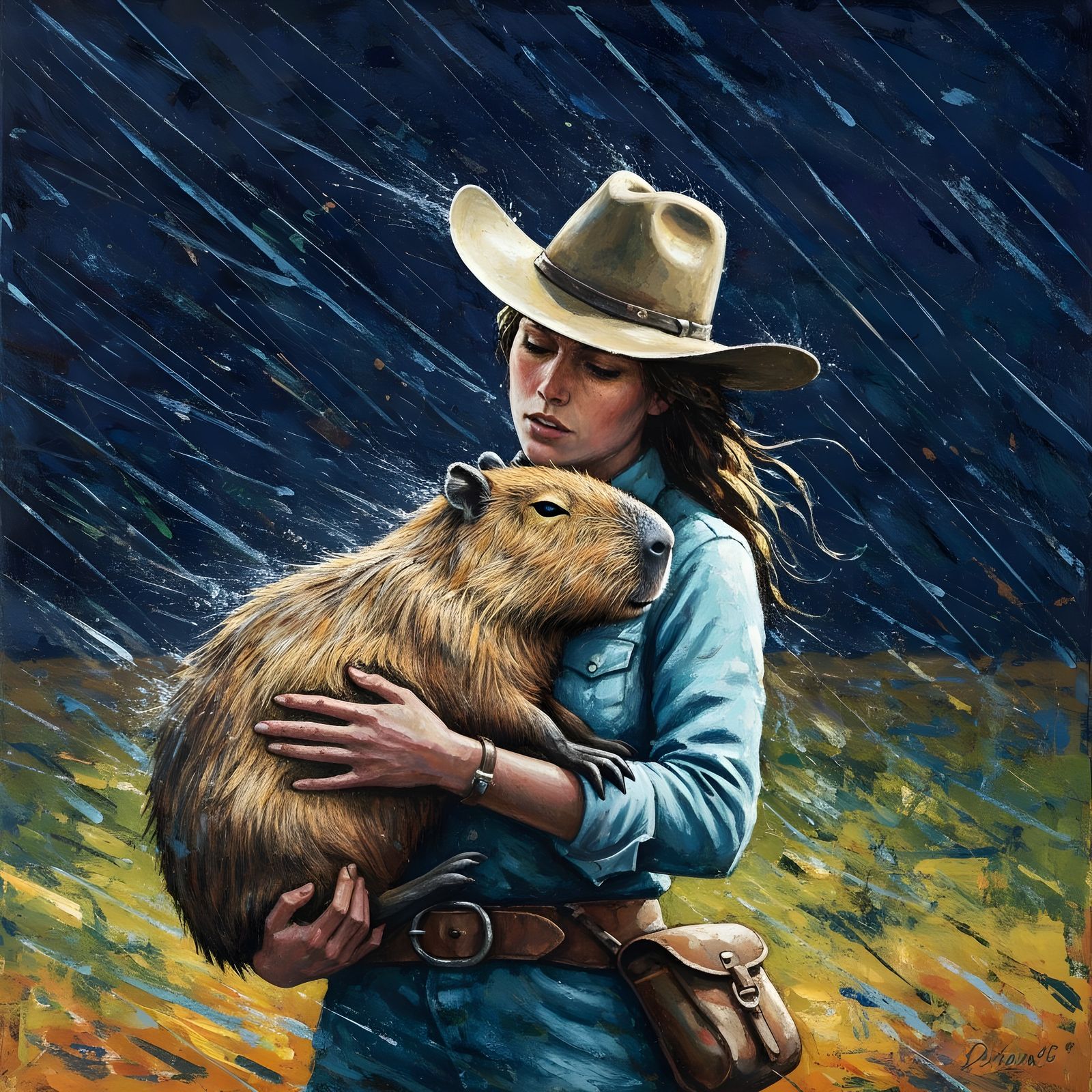 Cowgirl and Capybara in Expressive Encaustic Ink Painting