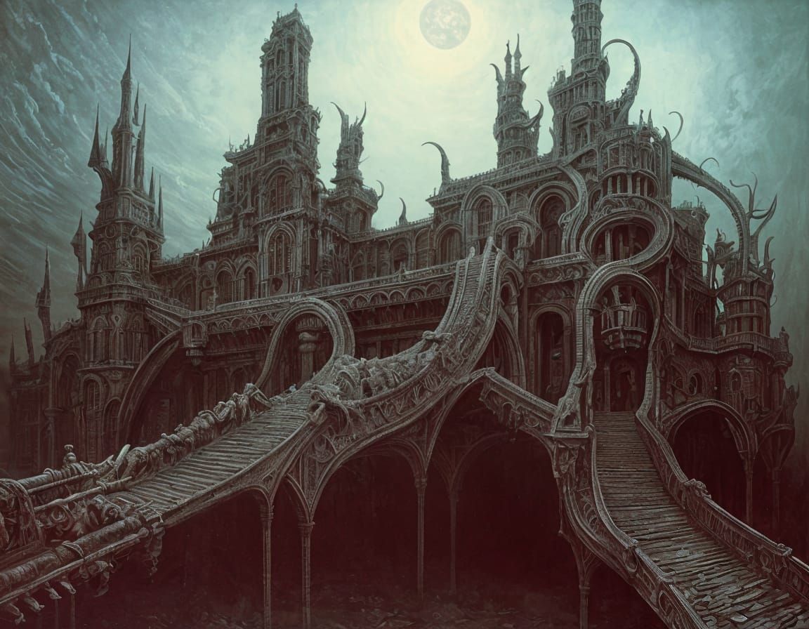 Surreal Architectural Landscape with Drawbridges and Moats