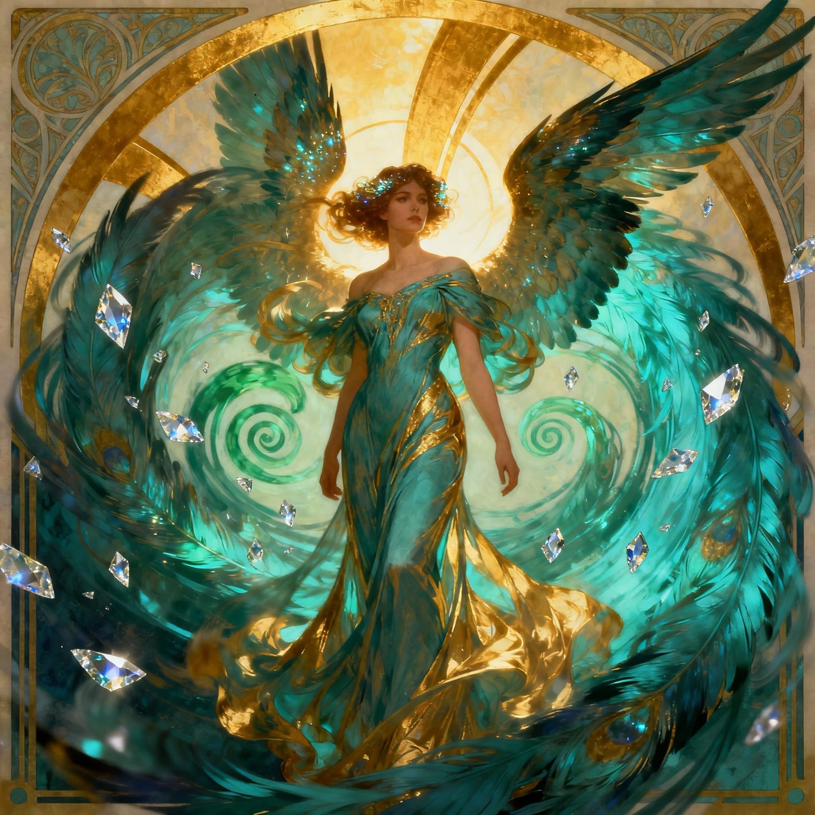 Art Deco Angel in Teal and Gold Vortex
