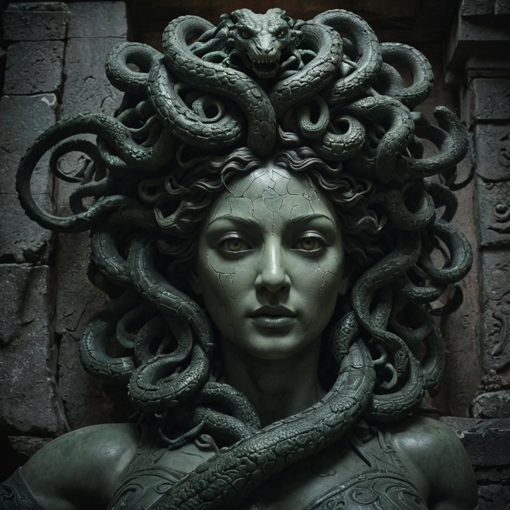 Medusa Statue in Crumbling Temple: Dramatic Matte Painting