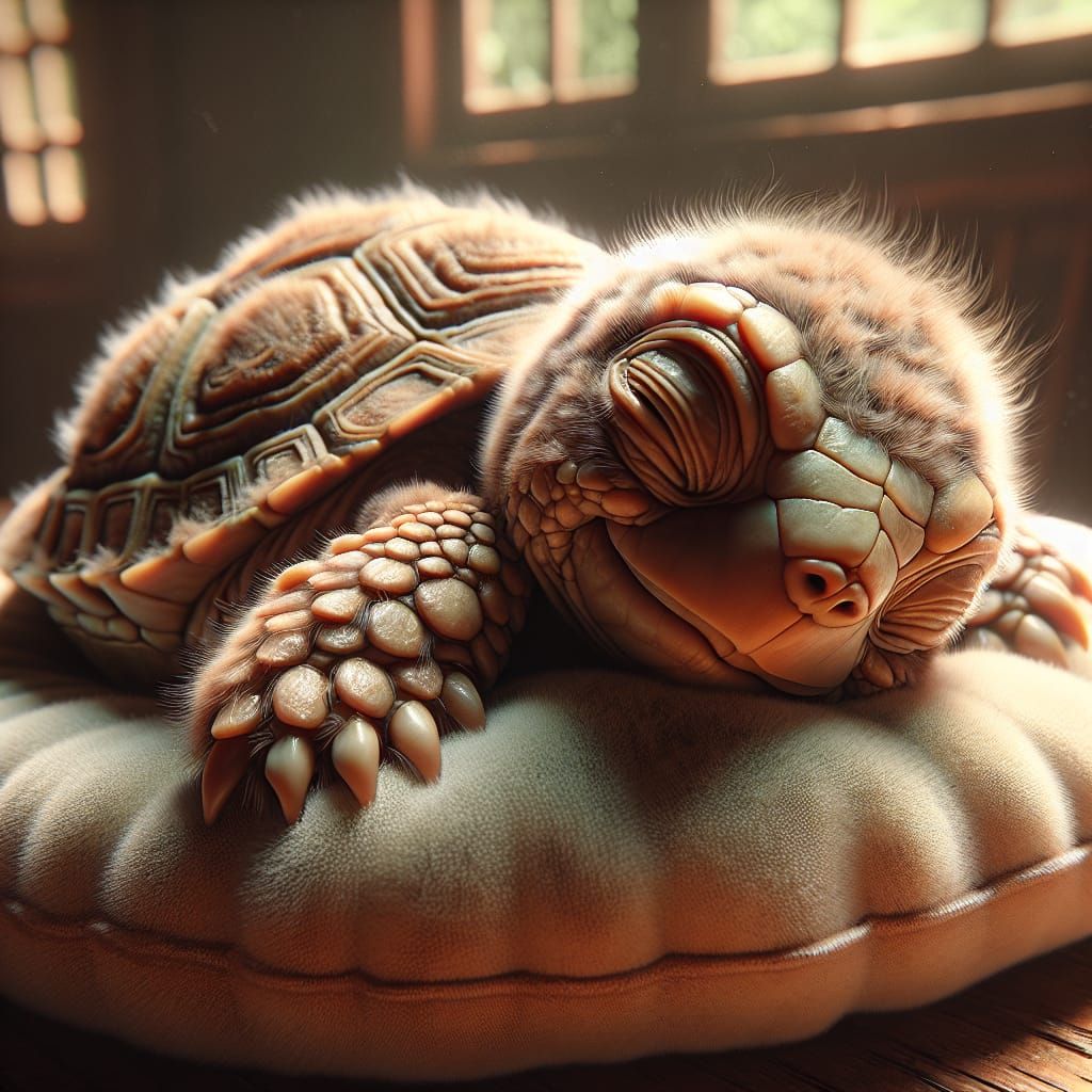 Furry Turtle Sleeps in Sunlight: Oil Painting