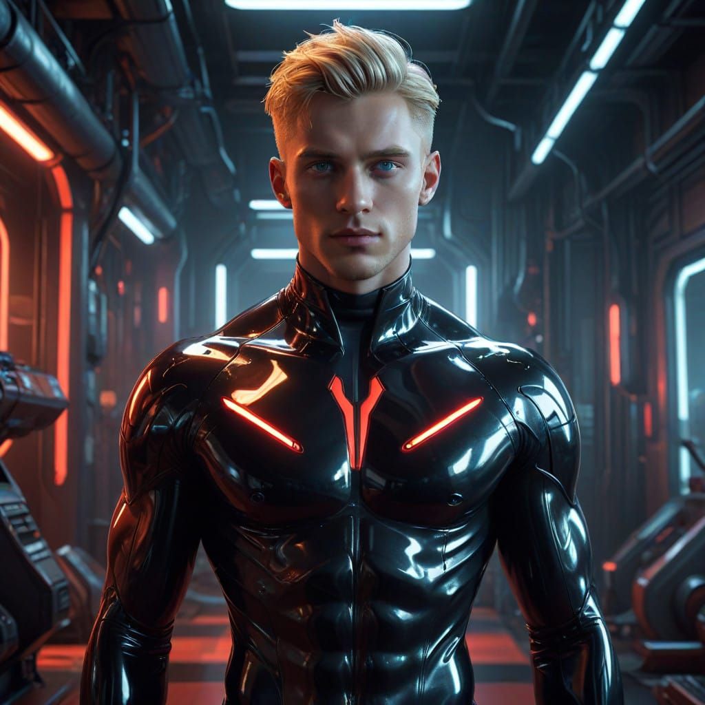 Chiseled Blond Male in High-Tech Black Latex Suit with Red A...