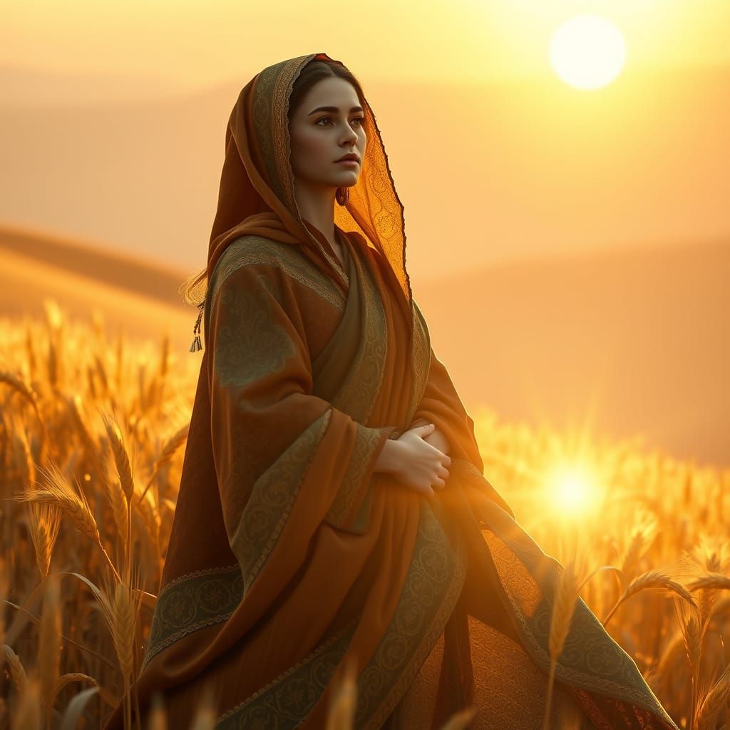 Hopeful Biblical Woman Ruth Amidst Vibrant Grain Field