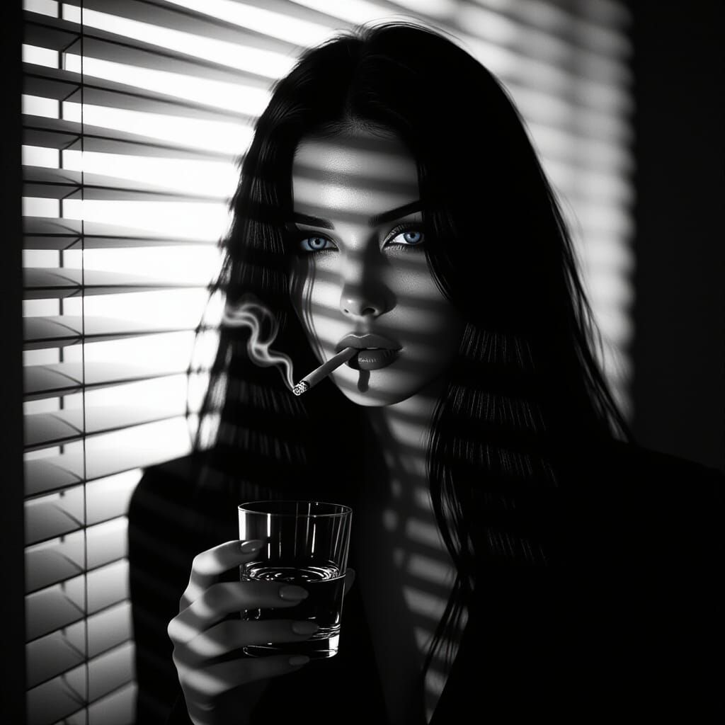 Melancholic Woman in Film Noir Style With Dramatic Lighting